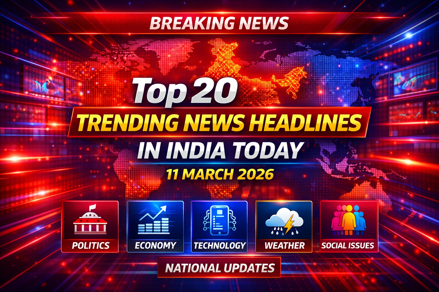 Top 20 trending news headlines in India today 11 March 2026 national updates infographic